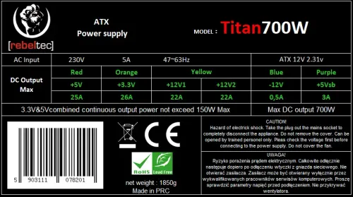 Zasilacz Rebeltec Titan 700W Czarny