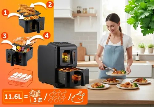Air Fryer Frytkownica beztłuszczowa BERDSEN BD-663 11.6l z podwójnym koszem i okienkiem do obserwacji postępów gotowania