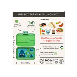 Lunchbox pojemnik na śniadanie XL Yumbox Tapas 4 - jurassic green / shark tray