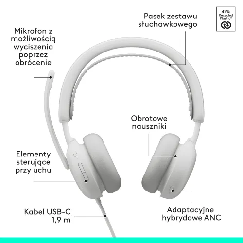 Słuchawki LOGITECH Zone Wired 2 Przewodowe, Nauszne, ANC Biały