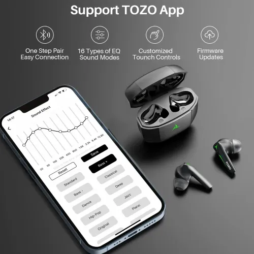 Słuchawki bezprzewodowe Tozo Gaming Pods Dokanałowe Bluetooth 5.3 Czarny