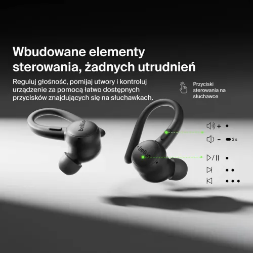 Słuchawki bezprzewodowe Belkin SoundForm ActiveFit Dokanałowe z zaczepami Bluetooth 5.4, Czarny