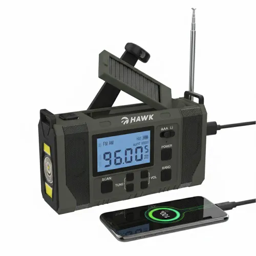 Radioodbiornik Hawk Expedition R20 Na korbkę, Solarne, Latarka, Radio FM Czarny