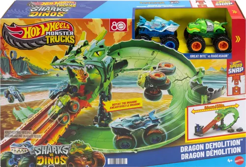 Tor Hot Wheels Monster Truck Rekiny vs Dinozaury Smoczy wyścig JGB06
