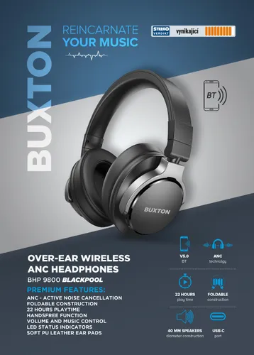 Беспроводные наушники Buxton OHS 9800 Blackpool Over-Ear Bluetooth 5.0 Black