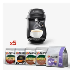 Zestaw ekspres kapsułkowy Bosch Tassimo Happy TAS1002N czarny i 5 opakowań kapsułek: Jacobs Latte Macchiato Classico, Cappucino Classico, Caffe Crema XL, L’OR Espresso Delizioso, Milka