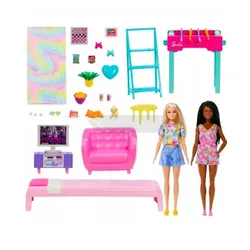 LALKA BARBIE POKÓJ ZABAW duży zestaw 2 lalki, piesek, kotek + akcesoria HYT64