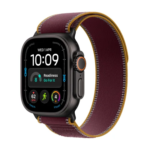 Apple Watch Ultra 4 GPS + Cellular koperta z tytanu czarny 49mm Opaska Trail w kolorze burgunda Rozmiar S/M