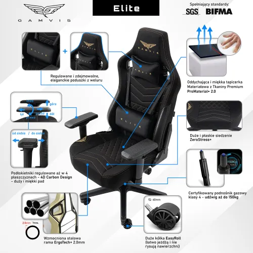 Fotel GAMVIS Elite 2.0 XL Basic Czarny (złote elementy)