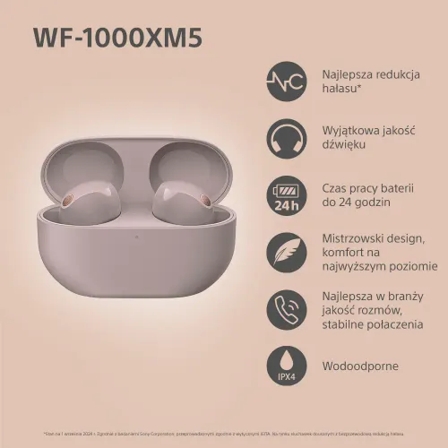 Słuchawki bezprzewodowe Sony WF-1000XM5 ANC Dokanałowe Bluetooth 5.3 Smoky Pink