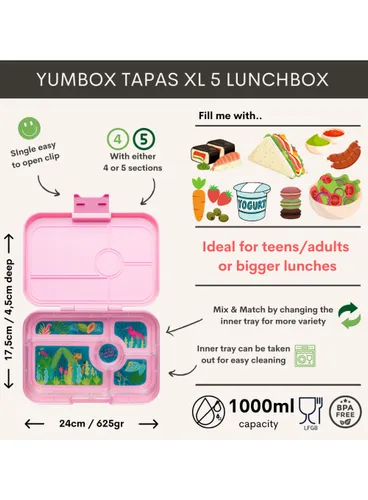 Lunchbox do pracy XL Yumbox Tapas 5 sekcji - Capri pink / jungle pastel tray