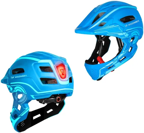 Kask rowerowy WOZINSKY HT-27N Niebieski Full Face dla Dzieci z odkręcaną szczęką i lampką (rozmiar uniwersalny)