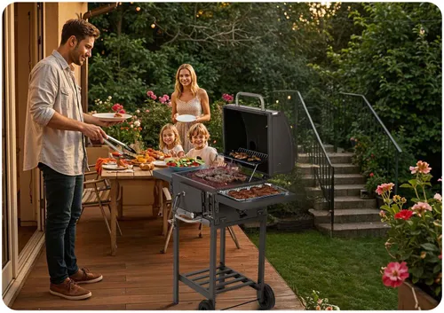 Grill węglowy ogrodowy Berdsen BD-892 komin żeliwny ruszt z pokrywą popielnik + termometr