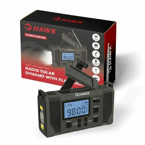 Radioodbiornik Hawk Expedition R20 Na korbkę, Solarne, Latarka, Radio FM Czarny