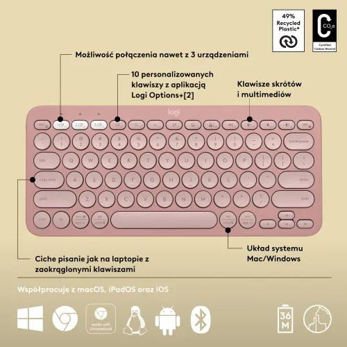 Klawiatura membranowa Logitech Pebble Keys 2 K380s - różowy