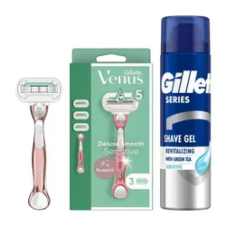 Golarki GILLETTE Venus Deluxe Smooth Sensitive + 3 Ostrza + Żel do golenia GILLETTE Z zieloną herbatą 200 ml