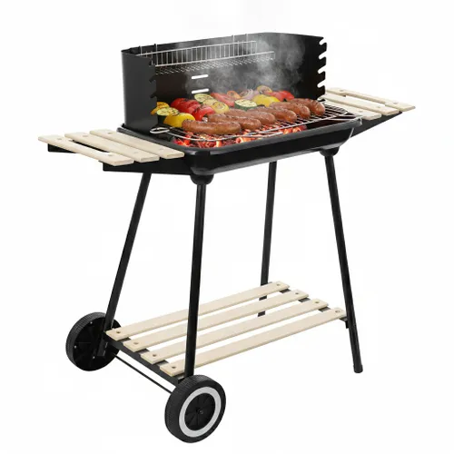 Grill węglowy ogrodowy na kółkach z 3 półkami i rożnem