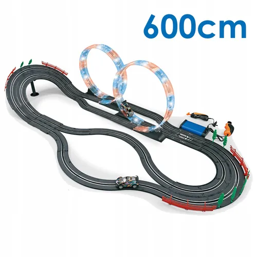 Elektryczny tor samochodowy 600 cm z pętlami LED 2 auta i 2 piloty 2w1 1:43