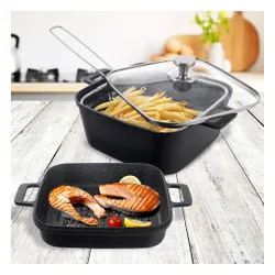 Garnek granitowy ze szklaną pokrywką patelnią grillową koszyczkiem GRANDE 2+4 l 4 el.