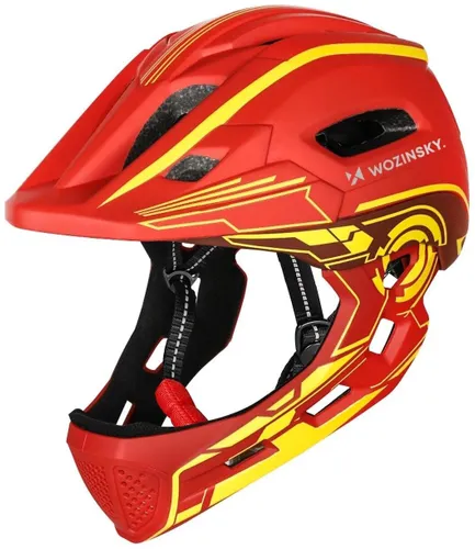 Kask rowerowy WOZINSKY HT-27CZ Czerwono-żółty Full Face dla Dzieci z odkręcaną szczęką (rozmiar uniwersalny)