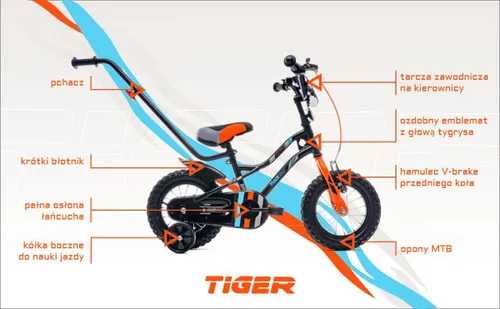 Rower dziecięcy SUN BABY Tiger Bike 14 cali dla chłopca Pomarańczowo-turkusowy