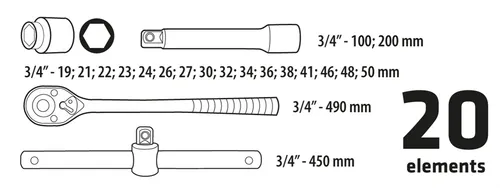 Klucze nasadowe 3, 4", zestaw 20szt. Topex 38D296