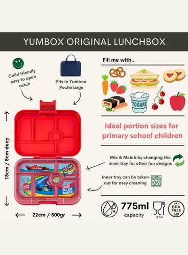 Yumbox Orijinal Okul Öğle Yemeği Kutusu-roar red / Race cars tray