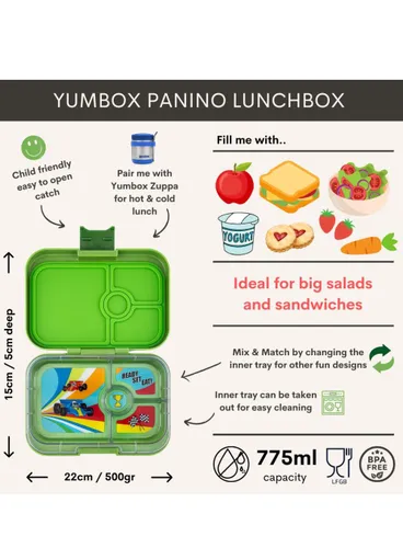 Yumbox Panino Çocuk Öğle Yemeği Kutusu 750 ml-matcha green / Yarış arabaları tepsisi