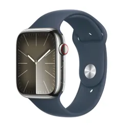 Смарт-часы Apple Watch Series 9 GPS + сотовый чехол 45 мм из нержавеющей стали Серебряный Спортивный ремешок Синий M / L