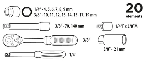 Zestaw kluczy nasadowych 1/4", 3/8" 20szt. Top Tools 38D520