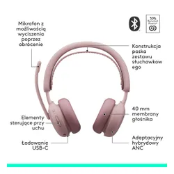 Słuchawki LOGITECH Zone Wireless 2 ES Bezprzewodowe, Nauszne, ANC Różowy
