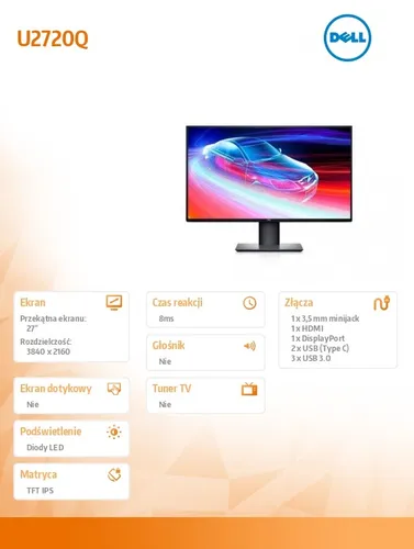 Dell Monitor U2720Q 27" HDR UHD 4K (3840x2160) /16:9/HDMI(2.0)/DP(1.2)/USB-C/5xUSB 3.0/5Y PPG