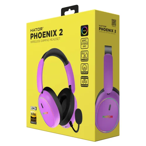 Słuchawki bezprzewodowe z mikrofonem Hator Phoenix 2 Wireless ESH42 ANC Nauszne Fioletowy