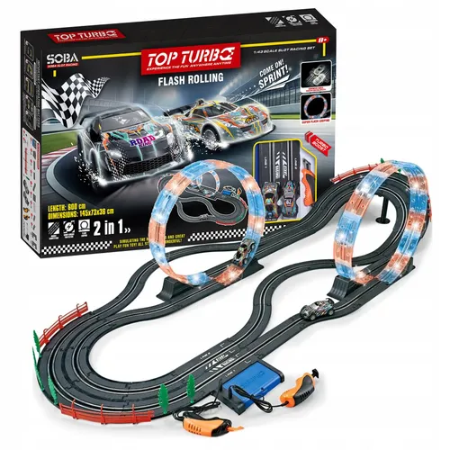 Elektryczny tor samochodowy 600 cm z pętlami LED 2 auta i 2 piloty 2w1 1:43