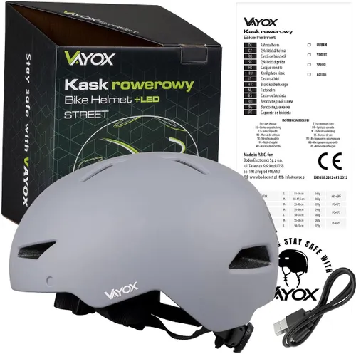 Kask rowerowy VAYOX Street VA0423GREM Szary Miejski z lampką (rozmiar M)