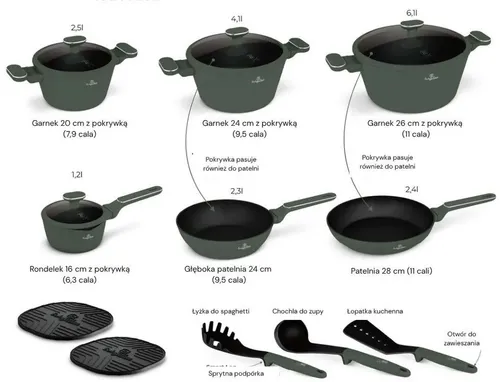 Zestaw patelni i garnków BERLINGER HAUS Matte Green BH 8208N (15 elementów)