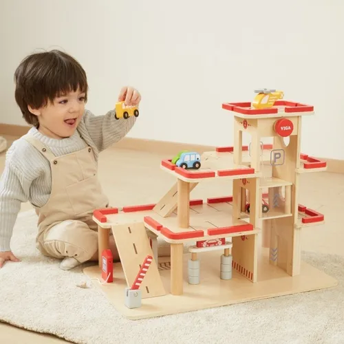 Viga Drewniany Parking Dla Samochodzików Z Windą 4 Autka Helikopter