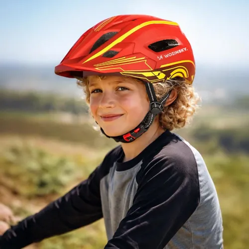 Kask rowerowy WOZINSKY HT-27CZ Czerwono-żółty Full Face dla Dzieci z odkręcaną szczęką (rozmiar uniwersalny)