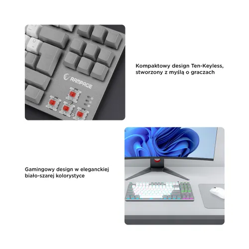 Klawiatura gamingowa Rampage Snug KRGD Red Switch przewodowa mechaniczna podświetlana biało-szara