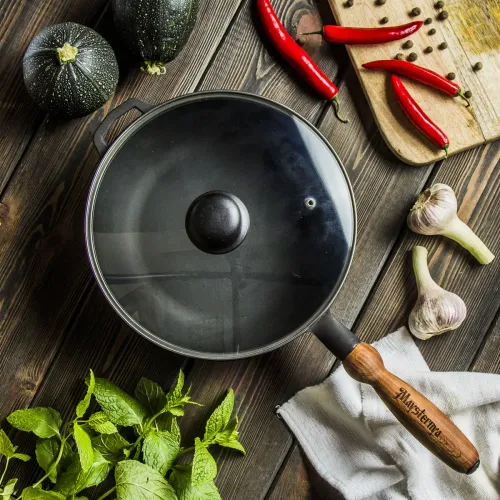 Patelnia żeliwna z pokrywką i odpinaną rączką MAYSTERNYA WOOD 24 cm