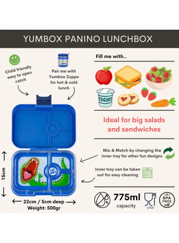 Средний прямоугольный ланчбокс Yumbox Panino - синий серф / поднос с динозаврами