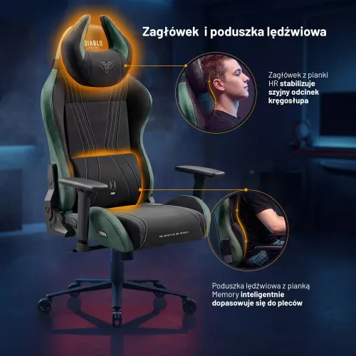 Fotel Diablo Chairs X-Horn 2.0 Normal Size Forest Green Gamingowy do 140kg Tkanina Czarno-Zielony