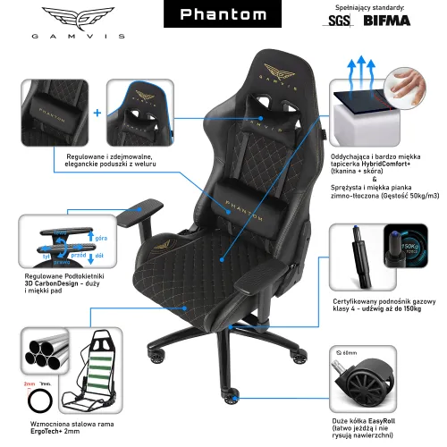 Fotel GAMVIS Phantom Large Czarny (złote elementy)
