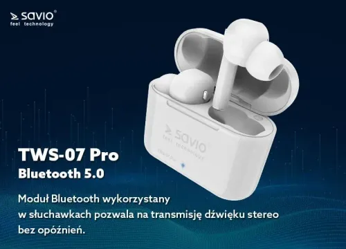 Słuchawki bezprzewodowe Savio TWS-07 PRO Dokanałowe Bluetooth 5.0 Biały