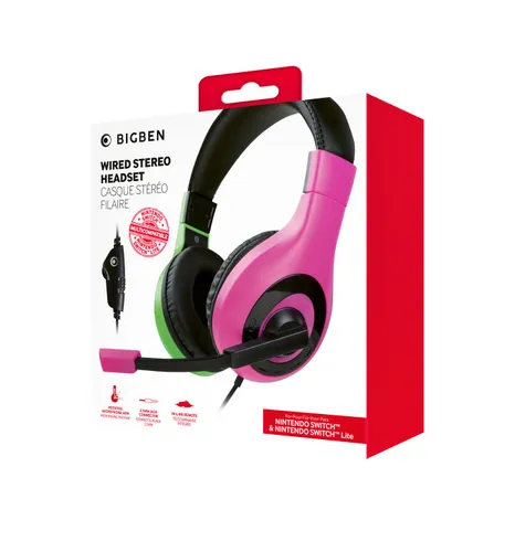 Słuchawki przewodowe z mikrofonem BigBen SWITCHHEADSETV1P+G Nintendo Switch Gaming Headset Nauszne Różowo-zielony