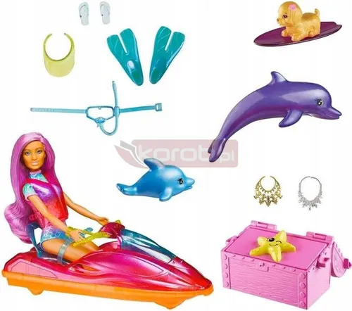 LALKA BARBIE DREAMTOPIA zestaw lalka i skuter wodny, piesek, delfinki HBW90