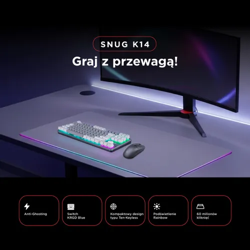 Klawiatura gamingowa Rampage Snug Blue przewodowa mechaniczna podświetlana biało-szara