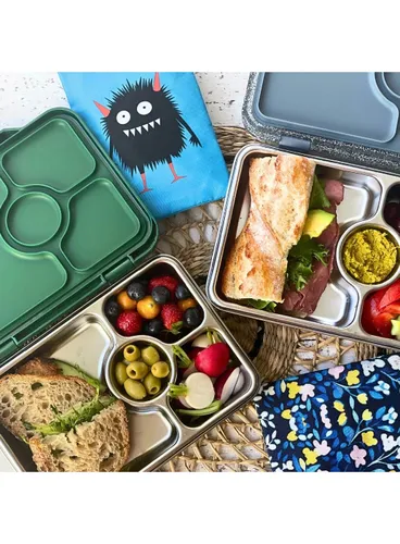Lunchbox 4-komorowy Yumbox Pret ze stalową tacą - Paris blue glitter