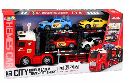 Ciężarówka Transporter Lora Z Autkami Zestaw 4 Samochody Światła Dźwięki