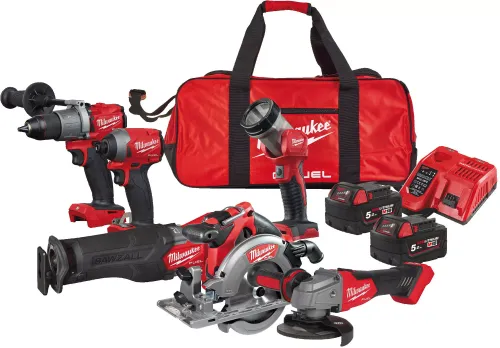 Milwaukee M18 FPP6K2-502B elektrikli el aletleri seti (tornavida + vida makinesi + açılı taşlama makinesi + testere + pistonlu testere + el feneri + 2 pil + şarj cihazı + çanta)